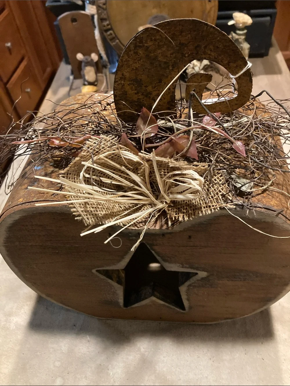 Rustic Wooden Pumpkin Centerpiece with Star Cutout - Brown